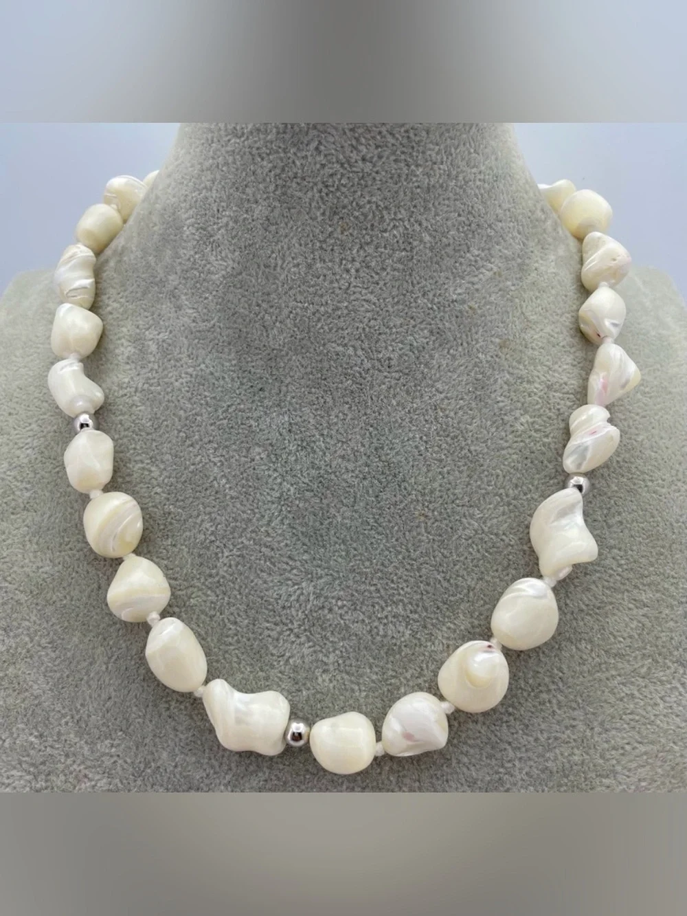 Hand-Knotted Mother of Pearl Nugget Necklace w/ Sterling Silver Accents